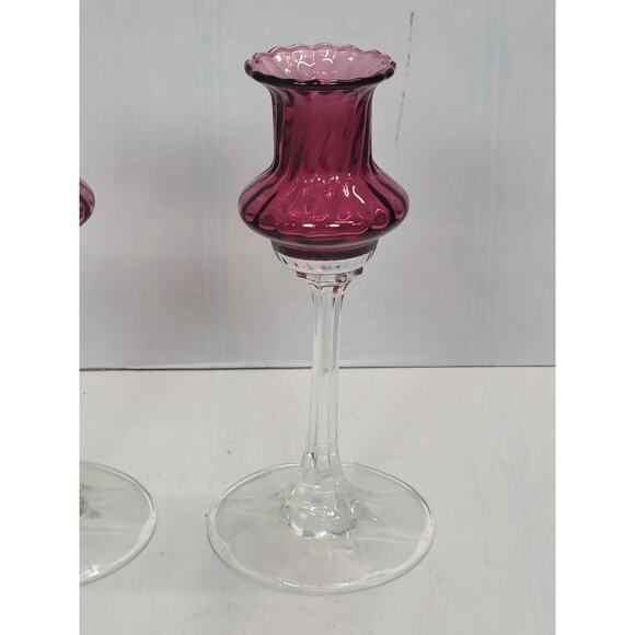 Vintage Candle Stick Holders, Pilgrim Glass, Cranberry Bowl, Clear Stem, Optic - Picture 2 of 4